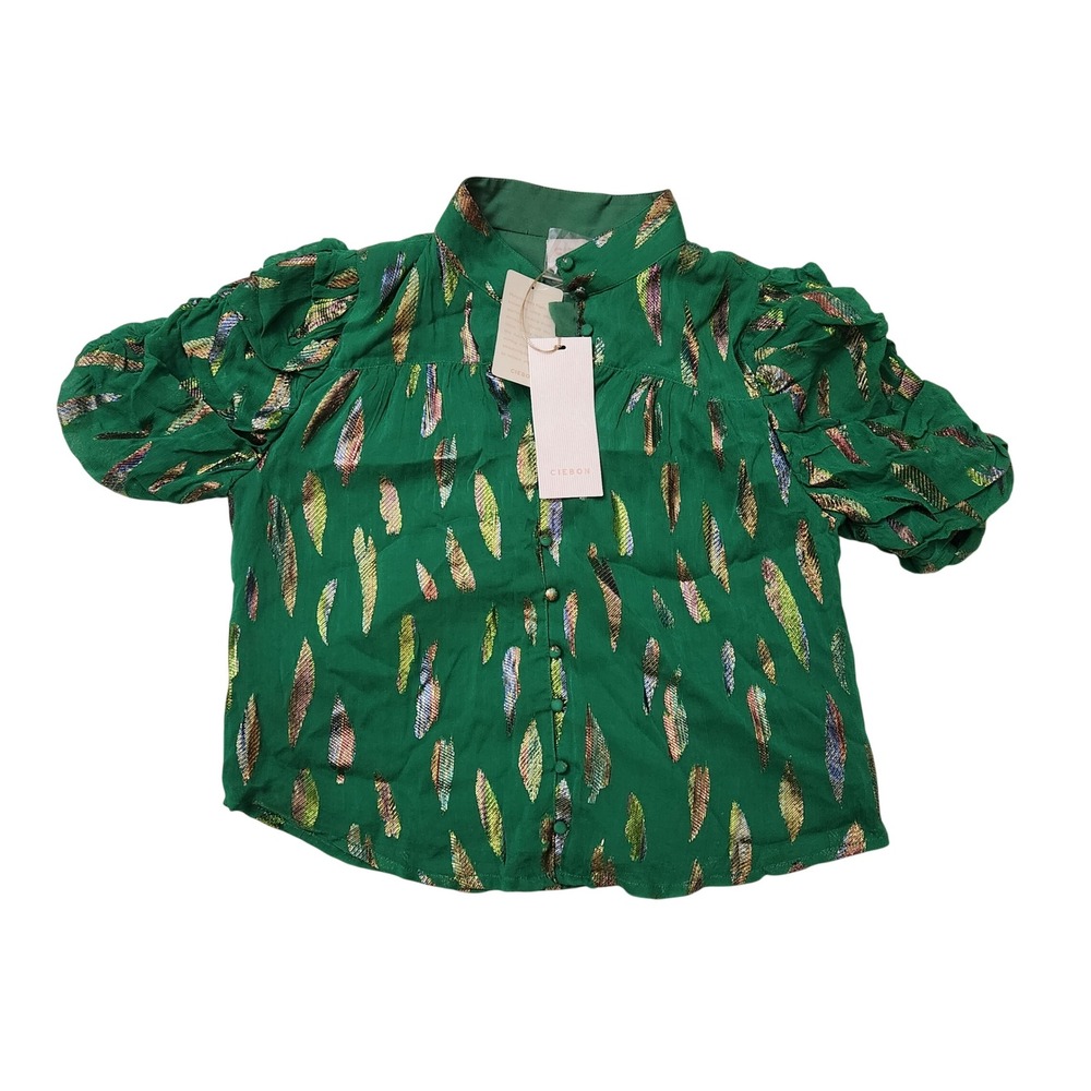 Ciebon Kelly Green Metallic Feather Puff Sleeve Blouse Mock Neck Top T5206-F2302